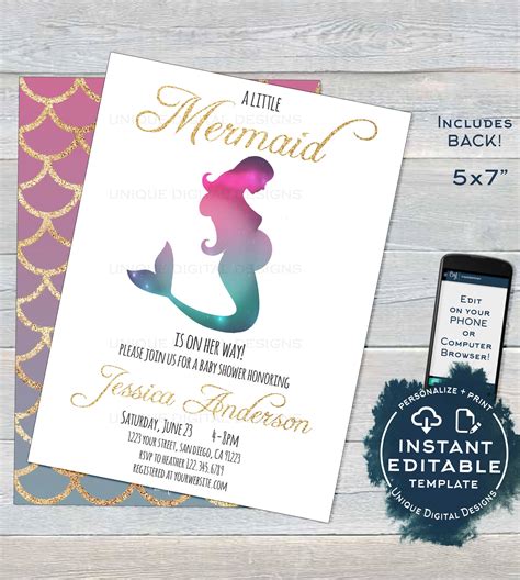 Mermaid Baby Shower Invitation Editable Girl Mermaid Gold Baby Shower