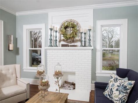 Blue Country Living Room With White Brick Fireplace Hgtv