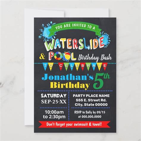 Chalkboard Waterslide Pool Birthday Party Bash Invitation Zazzle