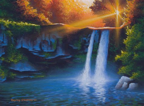 Waterfall Sunset Painting Autumn Landscape Realism