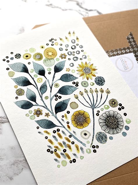 A4 Giclée Print Mustard Floral Watercolour Etsy Uk In 2022 Floral