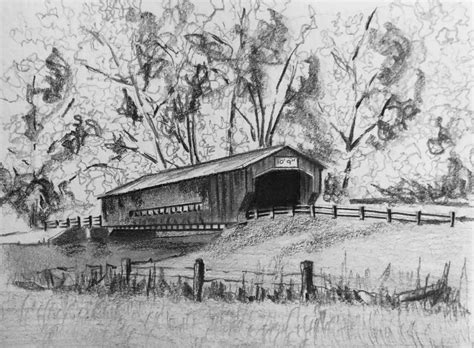 Covered Bridge Pencil Drawing Landscape Drawings Landscape Pencil