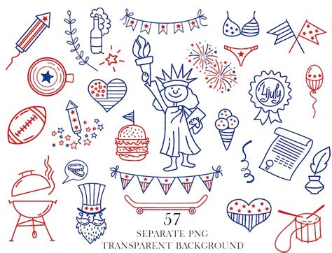 4th July Doodles Clipartblue Red Line Sketch Independence Day Etsy