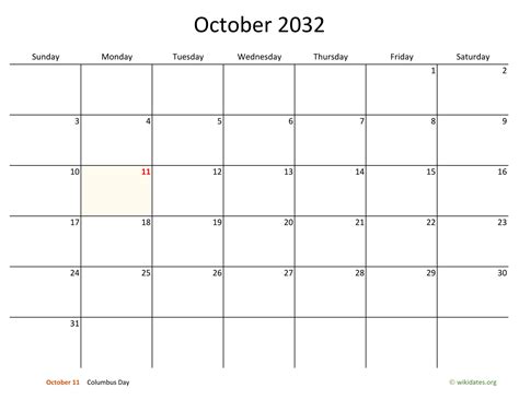 October 2032 Calendar With Bigger Boxes