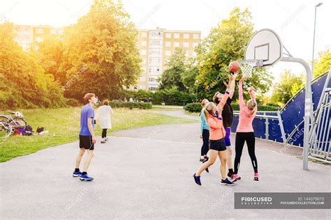 Friends Playing Basketball At Park — Background Male Stock Photo