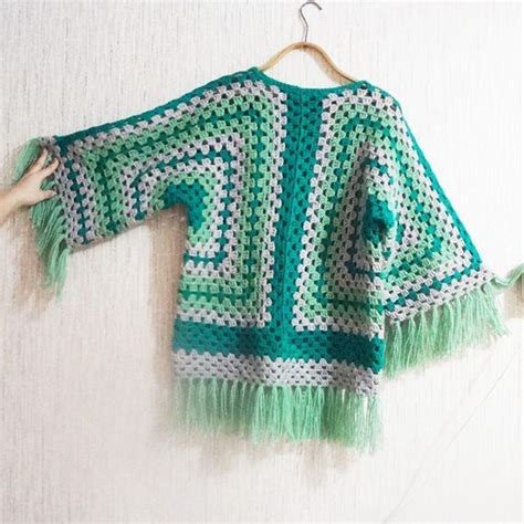 Granny Square Crochet Sweater Long Sleeve Women Jumpers Knitted Poncho