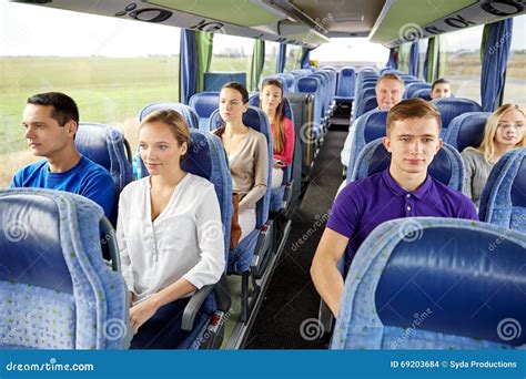 Group Of Passengers Or Tourists In Travel Bus Stock Photo Image Of