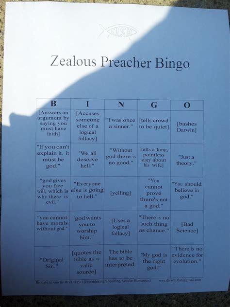 Zealous Preacher Bingo Card Boing Boing