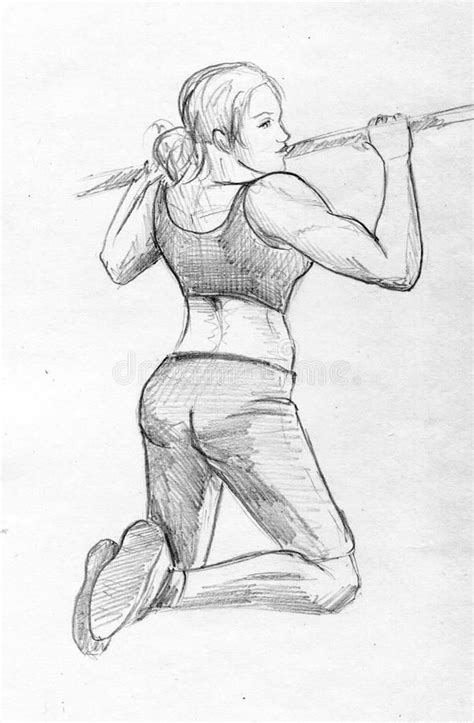 Workout Girl Pencil Sketch Hand Drawn Pencil Sketch Of A Muscular Girl