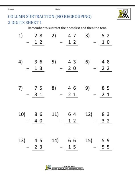 Subtracting 1-digit From 2-digit Numbers Without Regrouping Worksheet