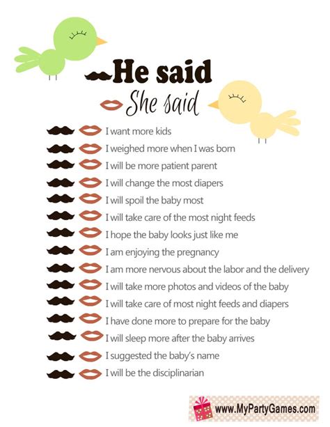 Free Printable He Said She Said Baby Shower Game In 2022 Free Baby