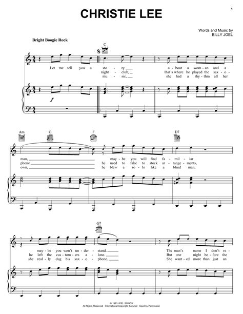 Christie Lee Sheet Music Billy Joel Piano Vocal And Guitar Chords