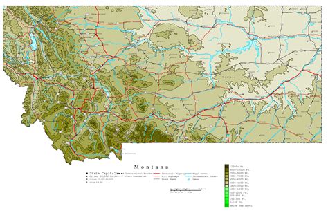 Large Detailed Elevation Map Of Montana State With Roads