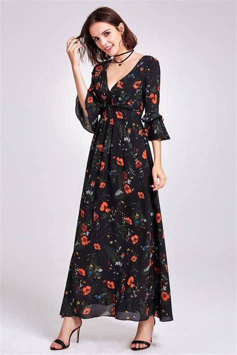 Classy Long Sleeve Floral Print Maxi Dress 48 As07170bk