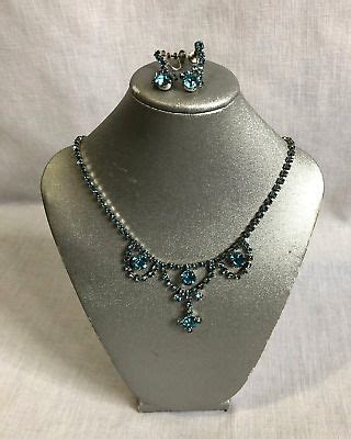 Vintage Light Blue Rhinestone Necklace And Matching Screw Down Dangler