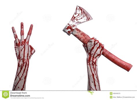Bloody Halloween Theme: Bloody Hand Holding A Bloody Butcher S Ax Isolated On White Background 