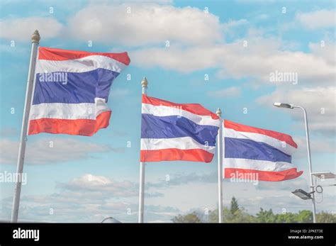 Thailand Flag Image Of Waving Three Thai Flags Of Thailand With Blue