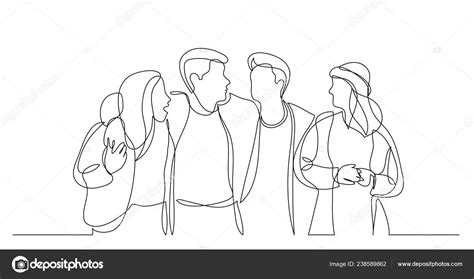 Four Close Friends Walking Together One Line Drawing Stock Vector Image