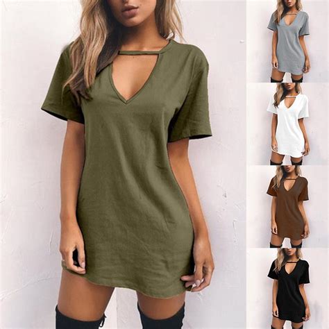 Buy Womens Tshirt Dress Choker Deep V Neck Summer Dresses Mini T Shirt Dress Short Sleeve Ladies