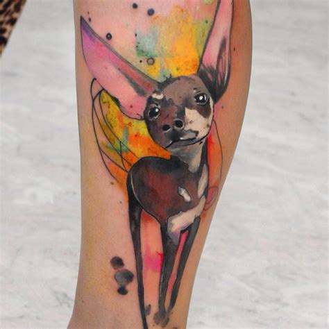 Watercolor Style Chihuahua Tattoo On The Left Calf