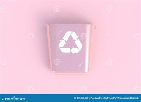 Front View Of Pink Recycling Bin On A Pink Background Stock