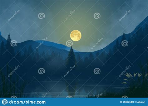 Beautiful Full Moon Over The Forest And The Lake In The Winter Stock