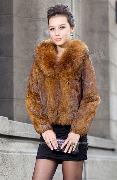 100 real genuine rabbit fur coat raccoon collar clothing wearcoat jacket ladies ebay