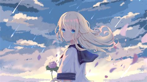 Blue Eyes Anime Girl Uniform White Clouds Blue Sky 4k Hd Anime Girl Wallpapers Hd Wallpapers