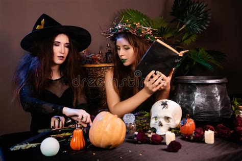 Two Witches Sit At A Table With Pumpkins A Skull Herbs And A Cauldron Coven Concept