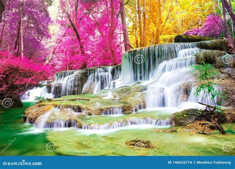 Beautiful Waterfall In Wonderful Autumn Forest Of National Park Huay