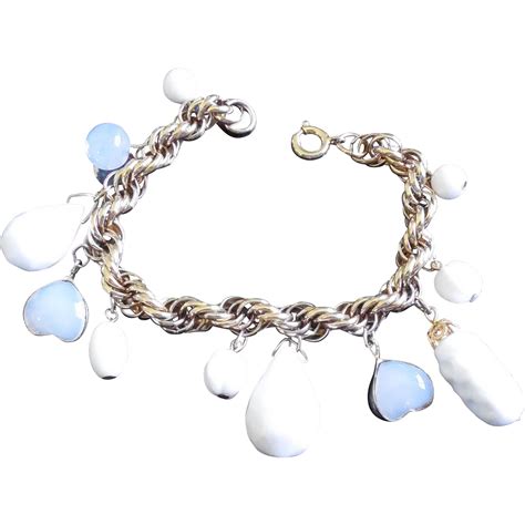 Vintage Charm Bracelet With Milk Glass And Translucent Glass Charms The Lantern And The Shovel
