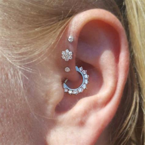 Cute Daith Ear Piercing Ideas Flower Triple Crystal Forward Helix