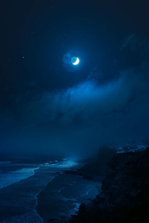 Download Mobile Wallpaper Rocks Surf Sea Moon Night Nature Free