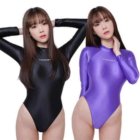 LEOHEX WOMEN SEXY Shiny Swimwear Leotard High Cut Long Sleeved Japanese