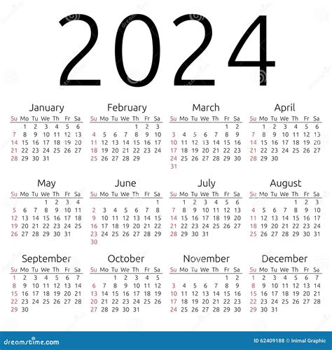 Wektoru Kalendarz 2024 Niedziela Ilustracja Wektor Ilustracja 62409188