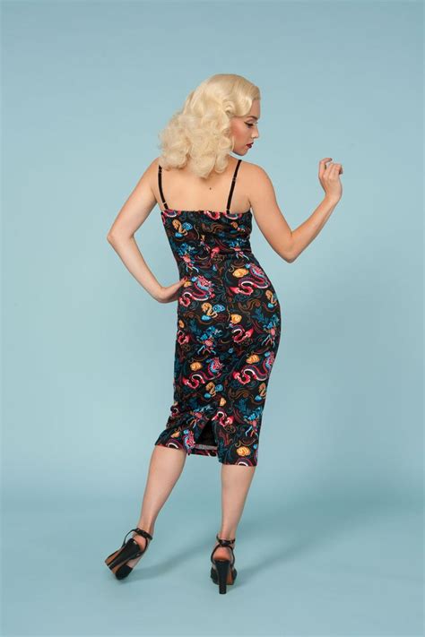 Retro Wiggle Dress In Dragon Print Pinup Couture Vintage Inspired