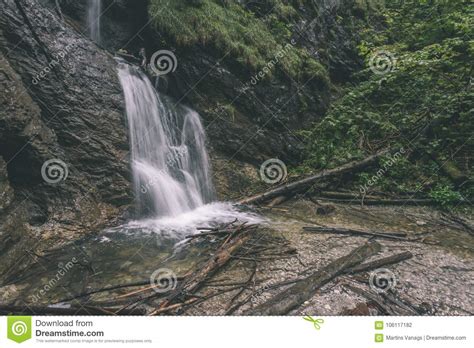 Large Waterfall From Ravine In Autumn Long Exposure Vintage R Stock