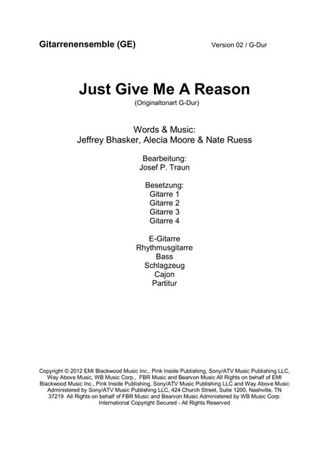 Just Give Me A Reason Arr Josef Peter Traun Sheet Music Pink