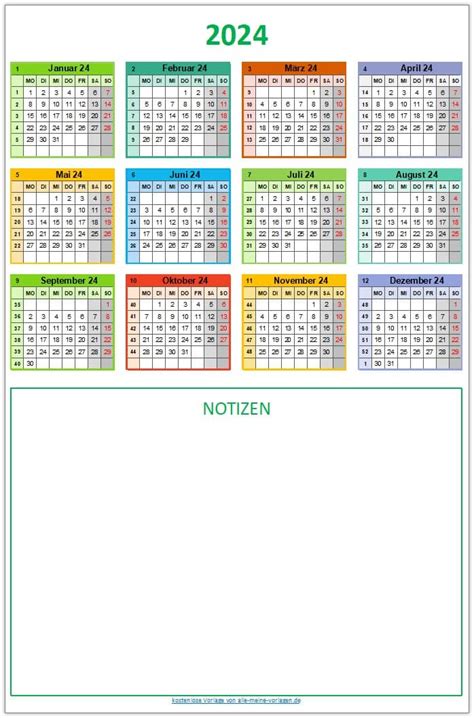Bunter Jahreskalender 2024 Mit Platz Für Notizen Alle Meine Vorlagende