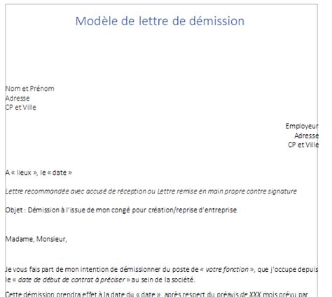 Modèle Gratuit Lettre De Démission Type