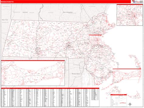 Massachusetts Zip Code Wall Map Red Line Style By Marketmaps Mapsales