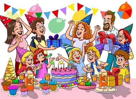 Cartoon Kids Party Poster With Big Table Sweets And Ts In Birthday