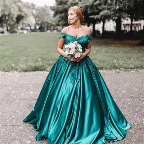 Hunter Green Satin Ball Gowns Wedding Dresses Lace Off The Shoulder