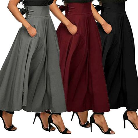 Bagilaanoe Usa High Waist Pleated Long Skirts Women Flared Full Maxi Skirt Swing Dress
