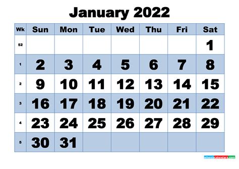 Free Printable January 2022 Calendar With Week Numbers
