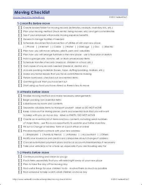 Detailed Moving Checklist Printable Moving Checklist For Excel