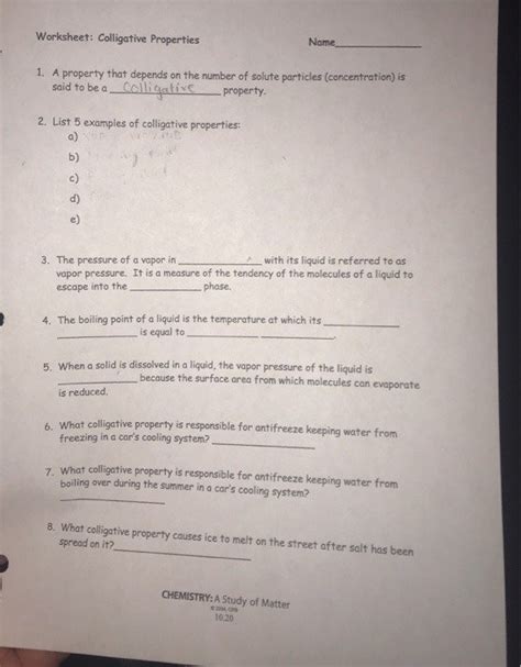 Chemistry Colligative Properties Worksheet