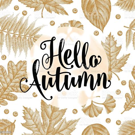 Hello Autumn Calligraphy Phrases On Leaves Background Stock