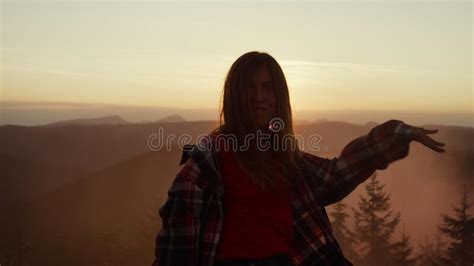 Woman Dancing At Sunset In Mountains Happy Girl Making Funny Moves