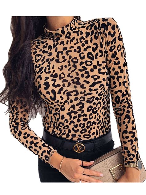 us women lady stretch leopard print long sleeve turtle neck pullover t shirt top